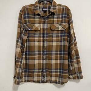 Patagonia Flannel Shirt Mens M Brown And Blue Fjord Plaid Organic Cotton Button